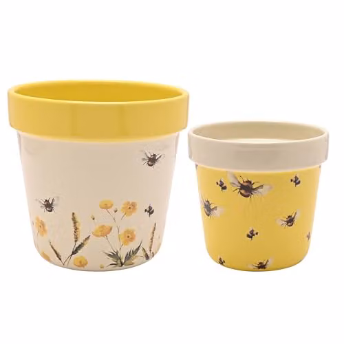 Widdop and Co Country Living Set of 2 Ceramic Floral Planters in Yellow and Multicolour, Round Tabletop Flower Pots, H: 12 cm, W: 11 cm, D: 8 cm