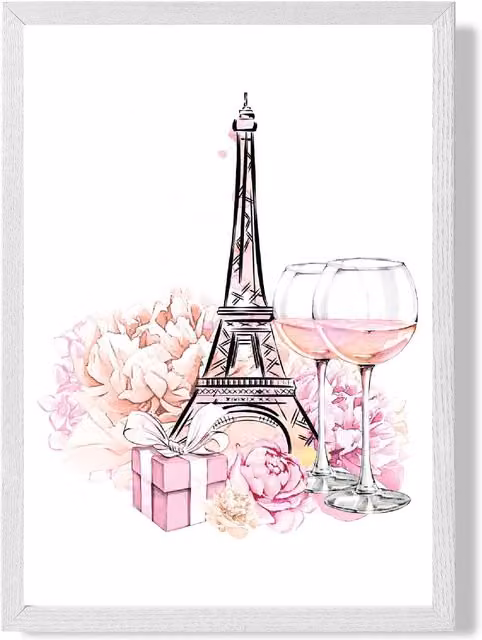 ARTZE Eiffel Tower and Peonies Fashion Illustration Framed Print, Pink and White, A2