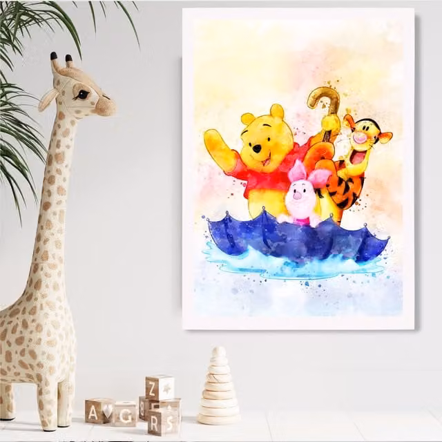 ARTZE Winnie the Pooh and Friends Watercolour Art Print with White Frame, Multicolour