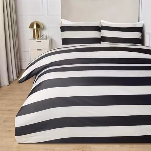 OHS Double Striped Microfibre Duvet Cover and Pillowcase Set in Black and White, W/D/H: 200 x 200 cm