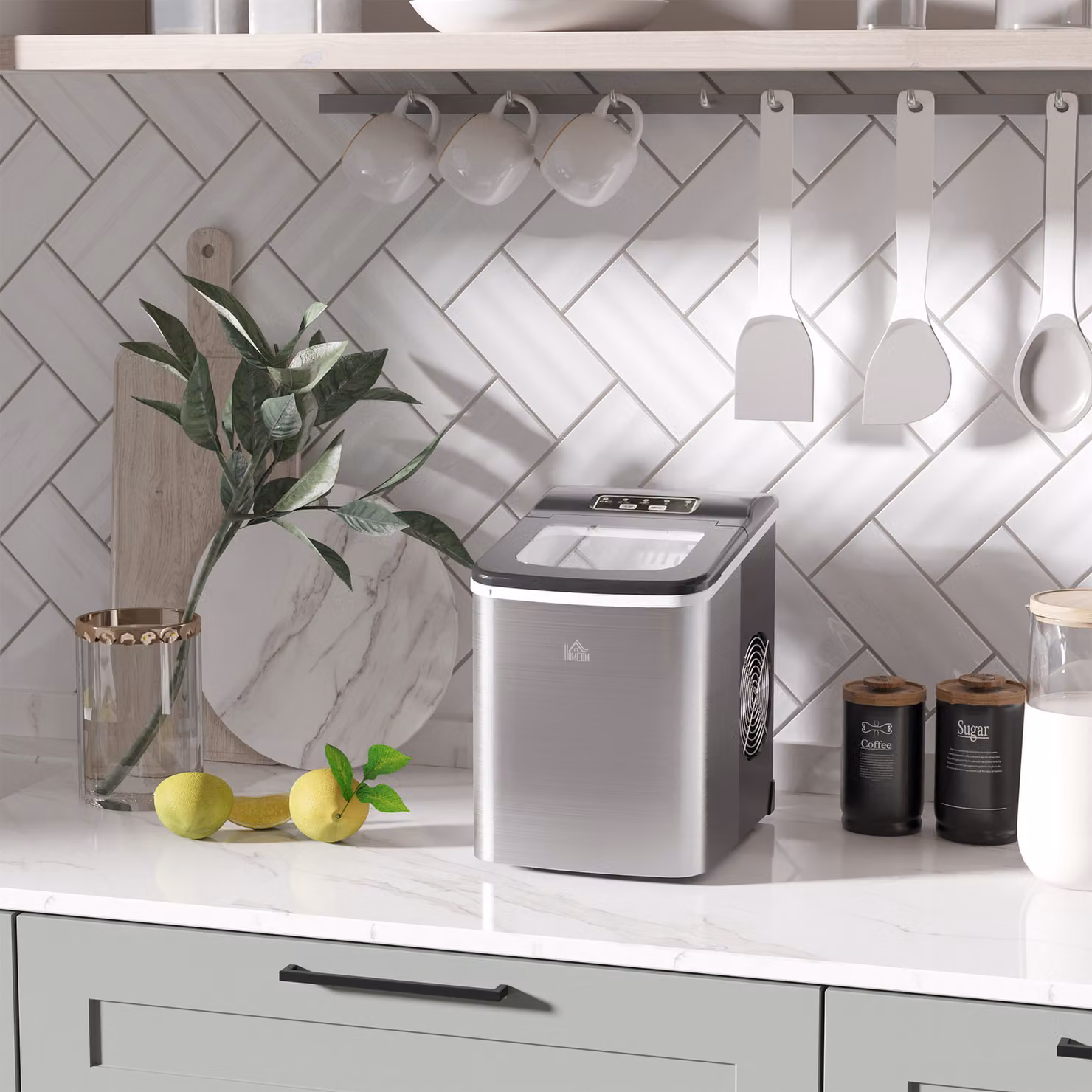 HOMCOM Countertop Ice Maker Machine in Silver Stainless Steel with 1.8L Capacity, 12kg Daily Output, Self-Cleaning Function, Scoop and Basket – 2
