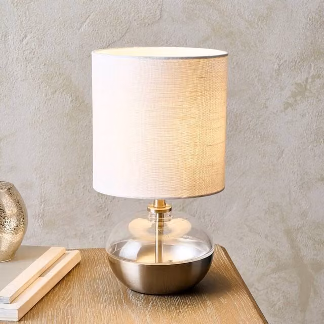 Pagazzi Lighting Emmy Table Lamp in Silver with Clear Glass and White Fabric Shade