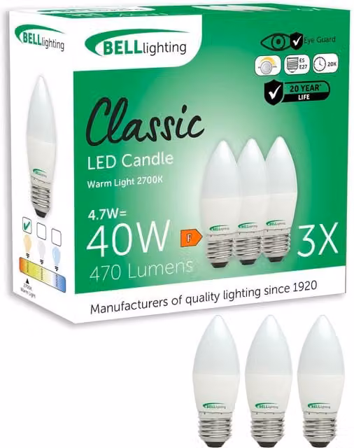 British Light Works E27 Dimmable LED Filament Candle Bulbs, 4.7W, Warm White 2700K, Pack of 3