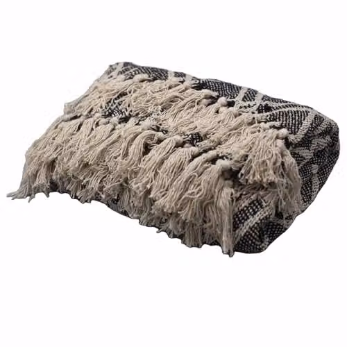 KDMD Boho Fluffy Cotton Throw in Black and Beige, W: 125 cm, L: 150 cm – 2