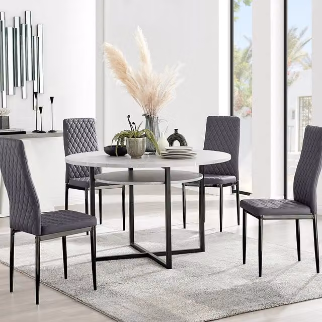 FurnitureboxUK Adley Grey Concrete Effect Round Dining Table with Shelf and 4 Black Velvet Milan Dining Chairs