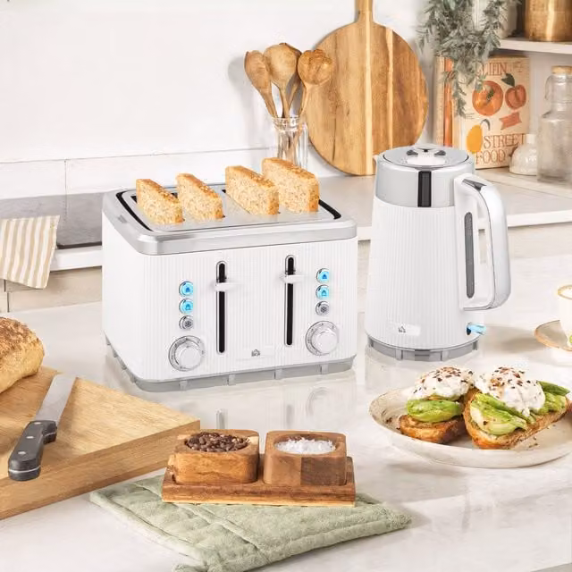 HOMCOM Rapid Boil Kettle 1.7L and 4 Slice Toaster Set with Crumb Tray, White