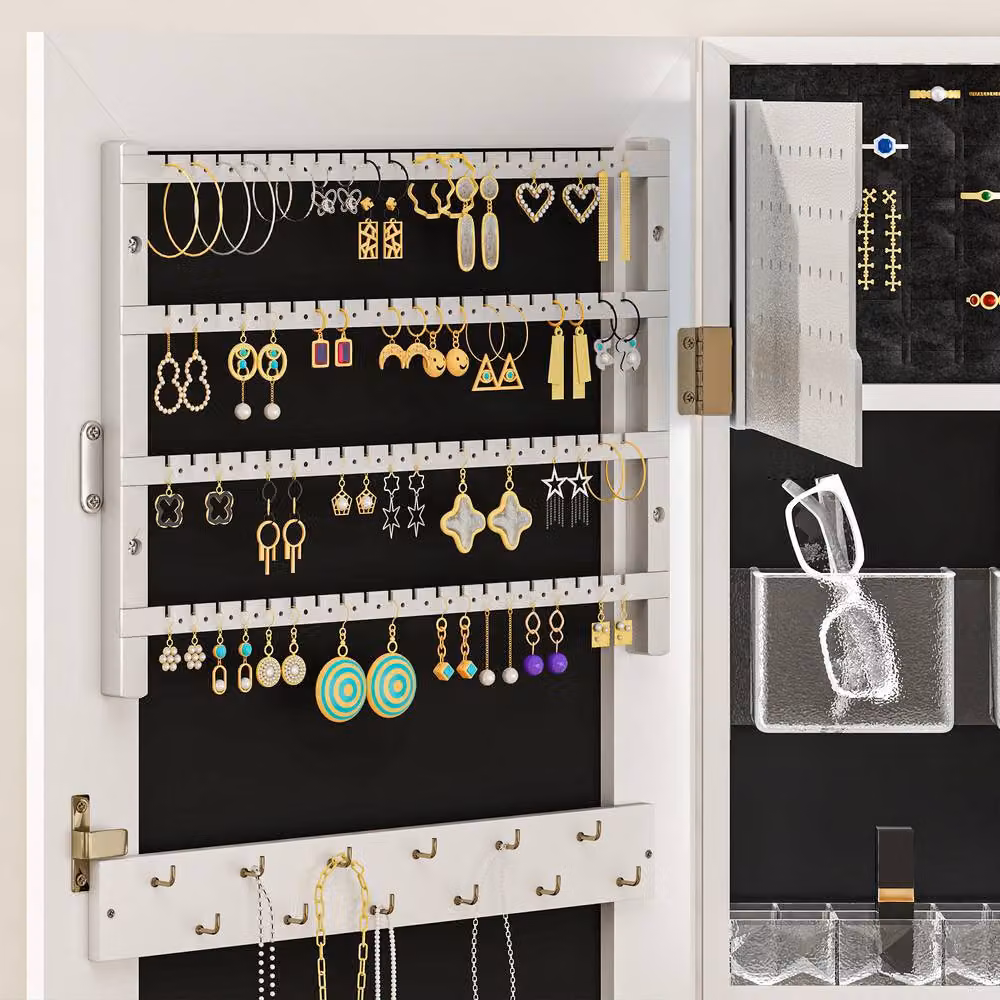 STILVORA White Matt Jewellery Cabinet with LED Lighting, Full Length Mirror and Lock – 7