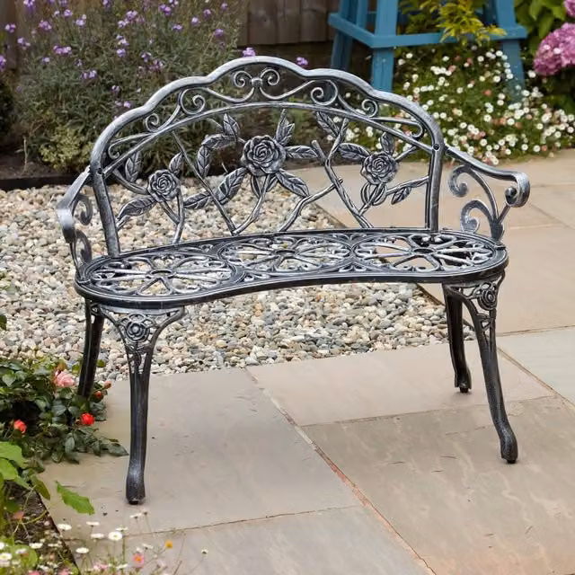 Home Source Cast Aluminium 2 Seater Garden Bench in Grey with Antique Floral Design – 1