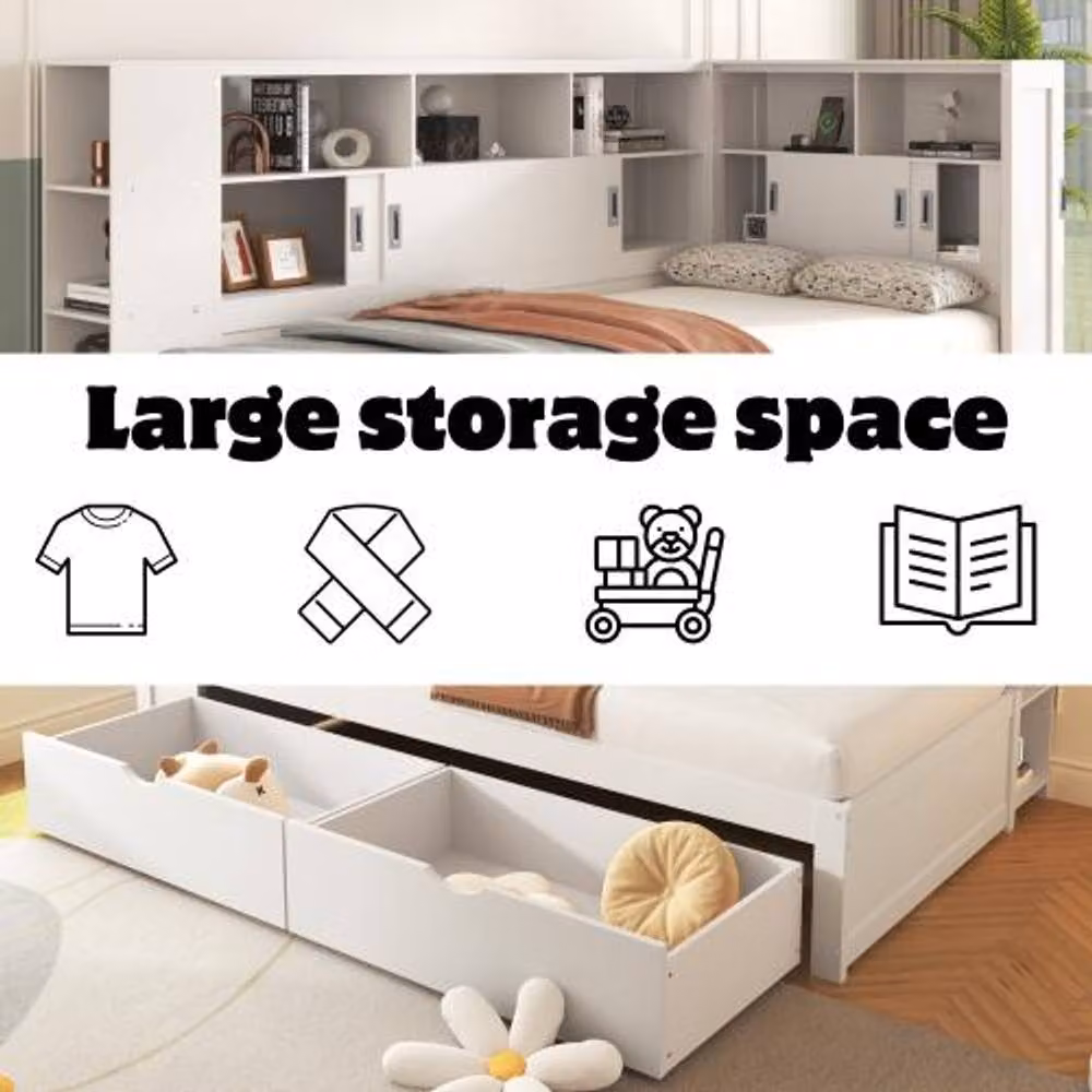 STILVORA Single Bed Frame with Storage Drawers, USB Charging Port and Bedside Shelf, White Finish, W/D/H: 90 x 190 x 91.44 cm – 3