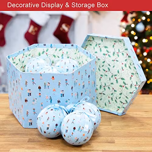 The Christmas Workshop Set of 14 Festive Christmas Baubles in Blue and White with Various Winter Designs, Diameter: 7.5 cm – 3