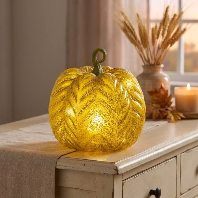 Garden Greatness Olive Glass Pumpkin Autumn Table Light in Green and Yellow
