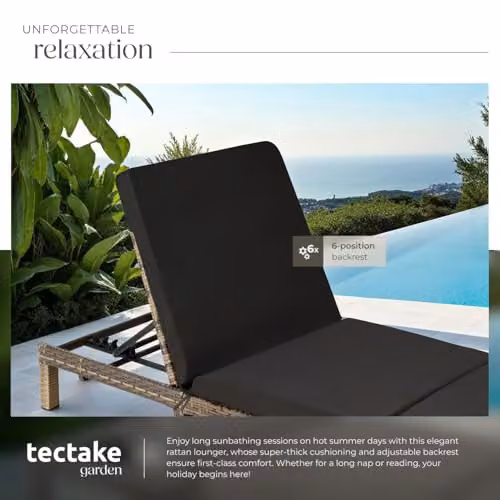 tectake Luxury Rattan Garden Sun Lounger with 6 Adjustable Backrest Positions and Comfortable Padding in Natural – 6