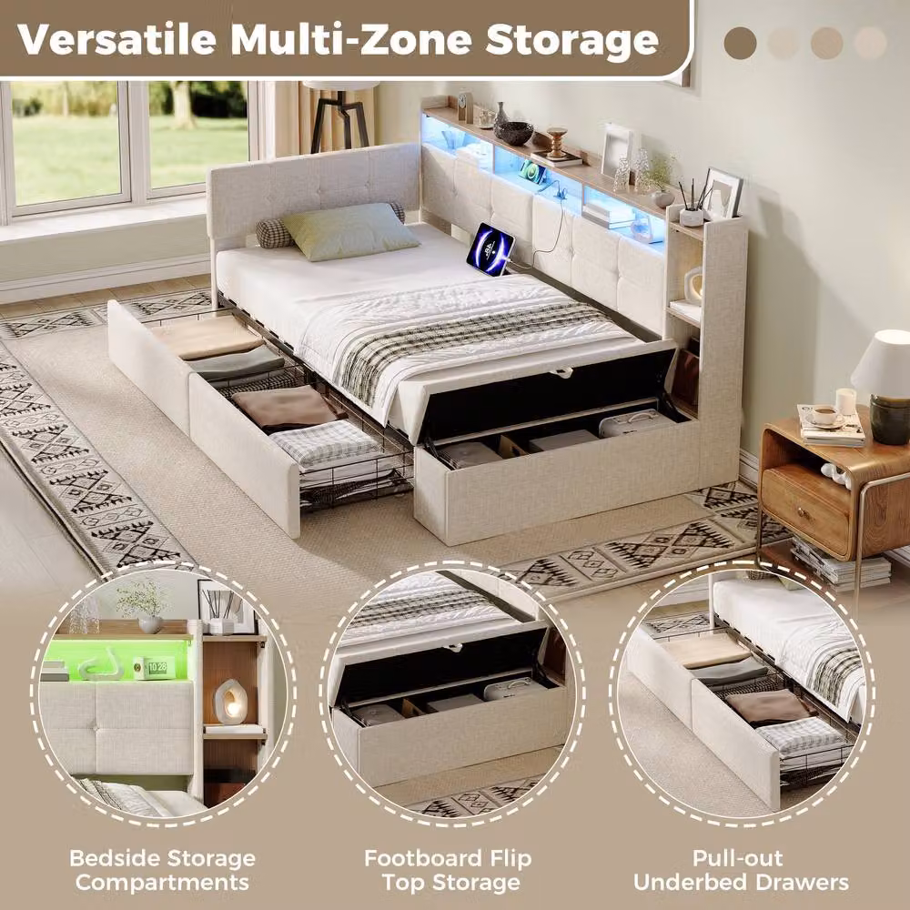 BTM Single Linen Daybed with LED Under-Bed Lighting, USB Charging Port and Ottoman Storage in Beige, W/D/H: 90 x 190 x 108 cm – 3