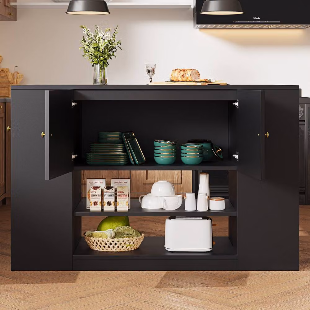 Rolipo Modern Black Kitchen Island with Fold-Down Tabletop and Storage – 8