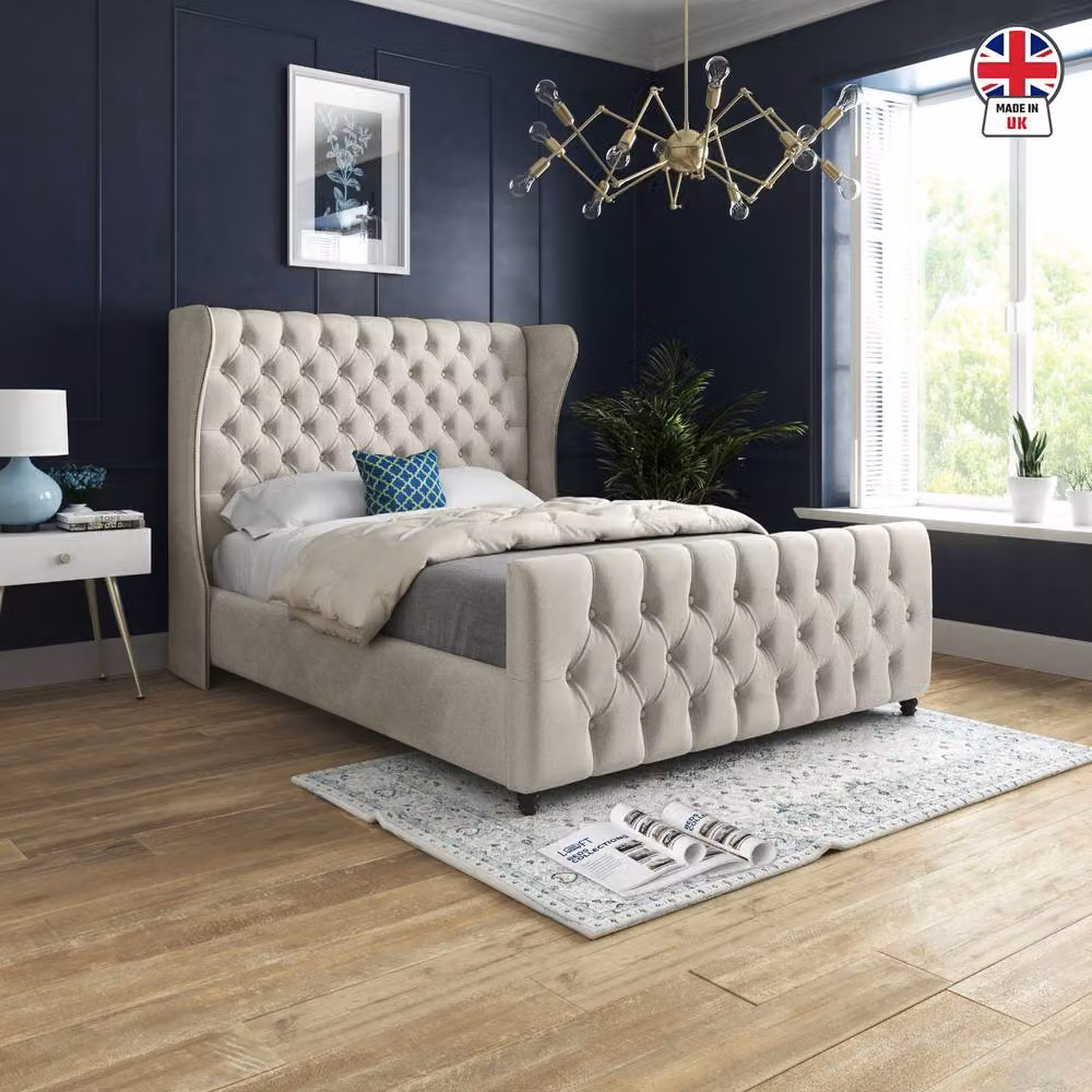 KDMD Keysoe Double Upholstered Designer Bed Frame in Beige Soft Velvet, W/D/H: 144 x 137 x 140 cm – 3