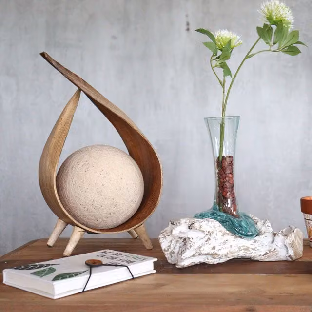KDMK Hand Blown Molten Glass and Whitewash Wood Vase, Medium, Turquoise