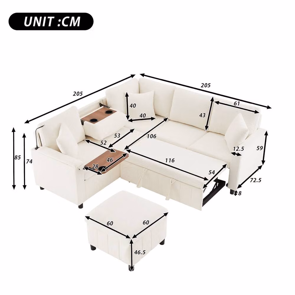 BTM Reversible Chenille L-Shape Corner Sofa Bed with USB Charging and Matching Ottoman in Beige – 2