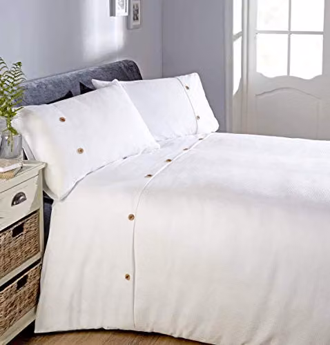 Rapport Home Waffle Textured Duvet Cover and Pillowcase Set with Button Detail in Silver, 200 x 200 cm