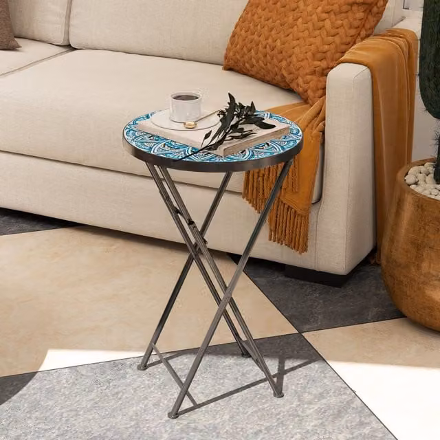 Outsunny Blue Round Folding Mosaic Garden Table with Geometric Mediterranean Design