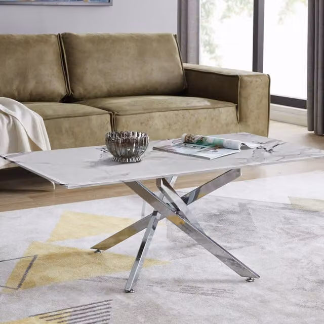 FurnitureboxUK Leonardo Modern Rectangular Coffee Table with White Marble Effect Glass Top and Silver Metal X-Frame Legs