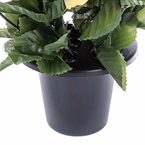 HOMESCAPES Set of 2 Artificial Grave Vases with Yellow and Purple Roses and Pansies in Black Pots, Height: 30 cm – 3