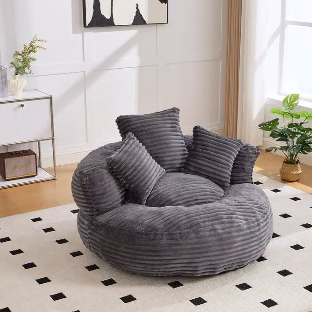 Aosom UK Giant Bean Bag Chair with Shredded Memory Foam, Pre-Filled High Back Lounge Chair, Grey, W: 108 cm, D: 108 cm, H: 52 cm
