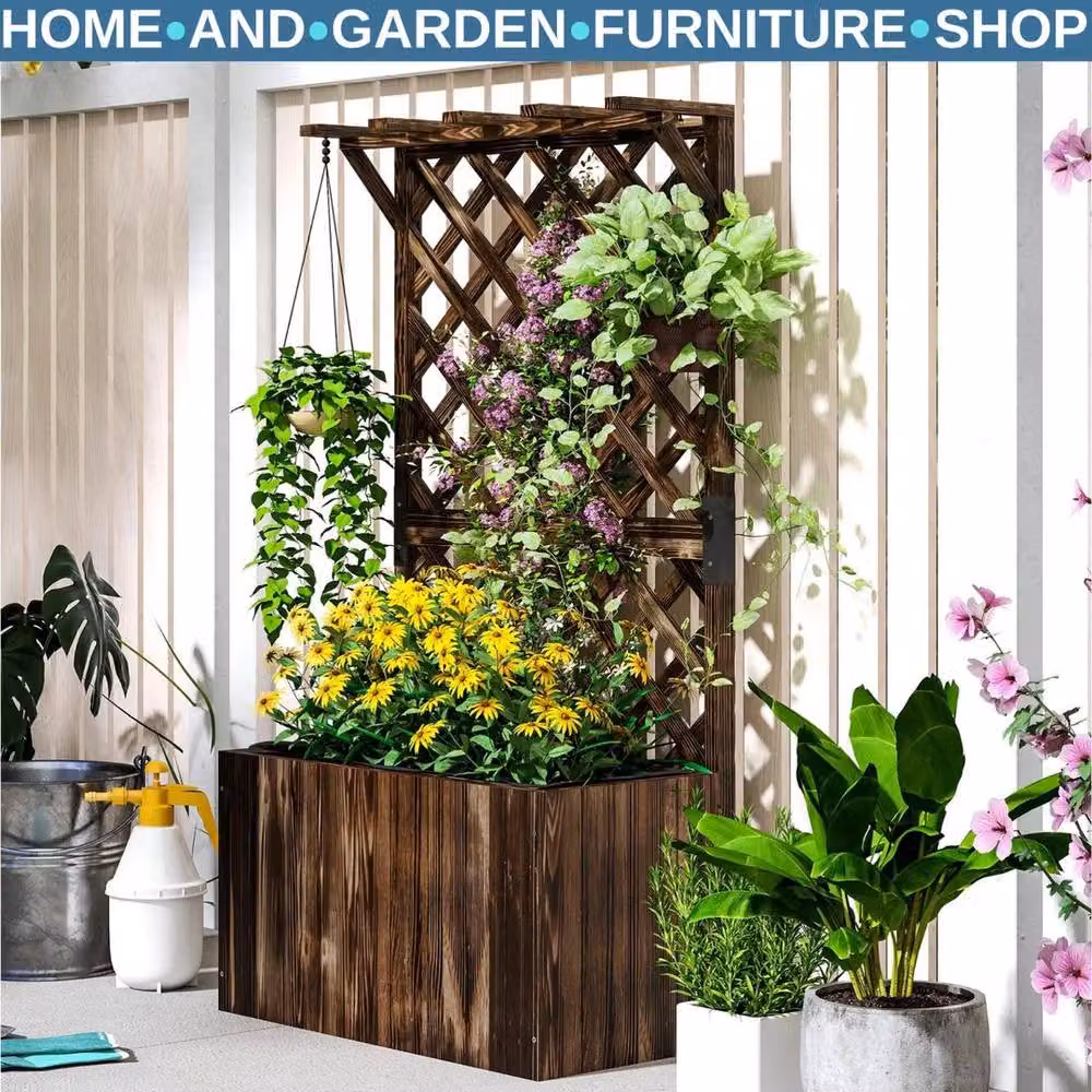Hinsinc Wooden Raised Planter Box with Trellis and Drainage Holes, Brown, W/D/H: 122 x 33 x 64 cm – 3