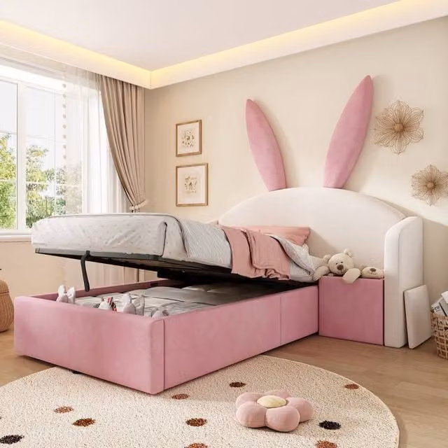 BTM Pink Velvet Bunny Kids Single Bed with Hydraulic Storage, W/D/H: 90 x 190 x 149 cm – 1