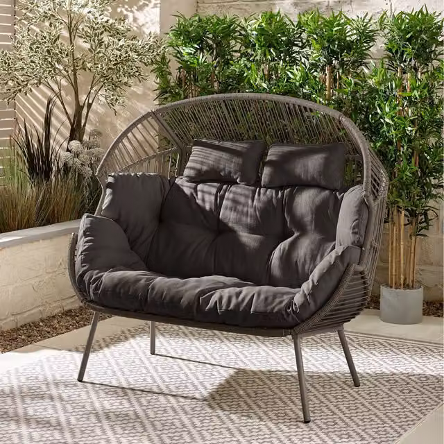 FurnitureboxUK Grey Outdoor Double Egg Chair with Cushions and Weather Cover