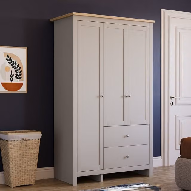 Vida Designs Arlington 3 Door 2 Drawer Wardrobe in Grey with Hanging Rod