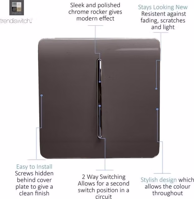 Trendi Switch 1 Gang 2 Way Screwless Modern Plastic Light Switch with Chrome Rocker in Brown