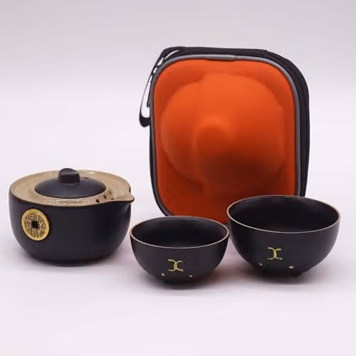 Serenityy Money Cat Ceramic Teapot Set with Two Cups and Travel Case in Black and Gold – 2