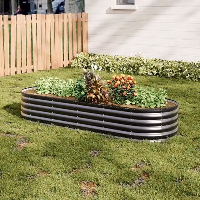 Lifeideas Anthracite Oval Metal Raised Flower Bed with 2 Support Rods