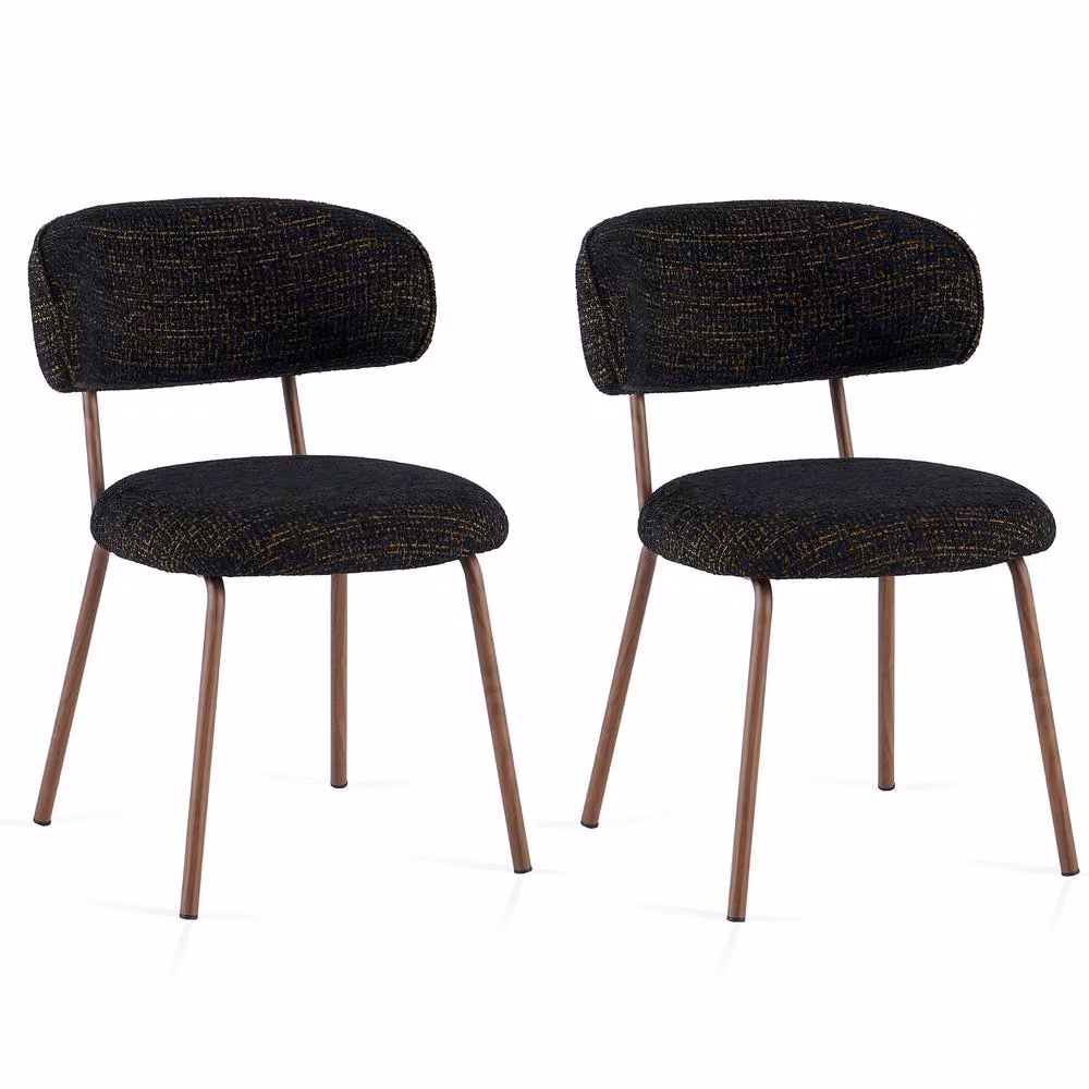 SONARA Set of 2 Mid-Century Dining Chairs with Armrests in Black Linen Fabric and Metal – 7
