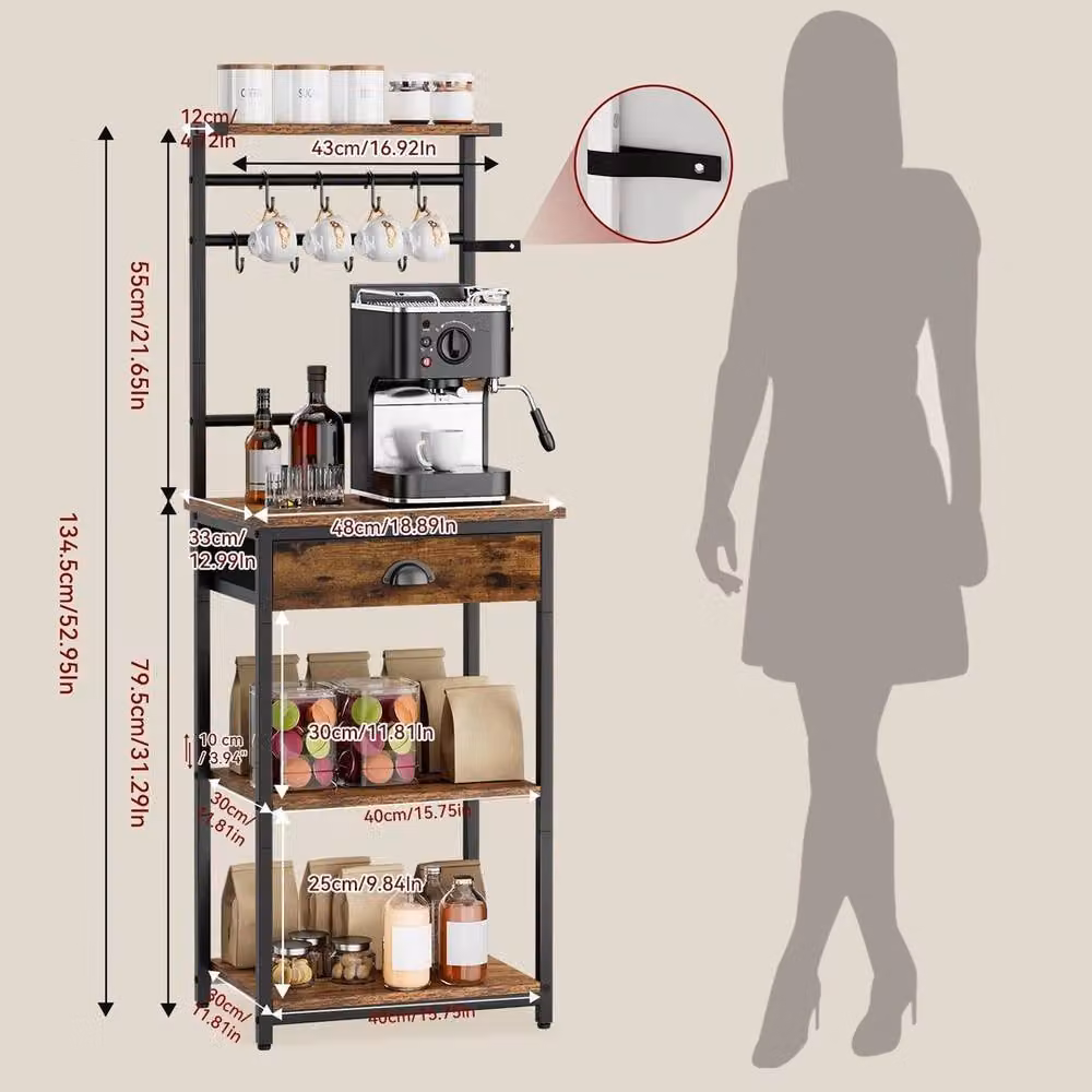 FORGEVIO 5 Tier Coffee Bar Station in Rustic Brown, W: 33 cm, D: 43 cm, H: 134.5 cm – 2