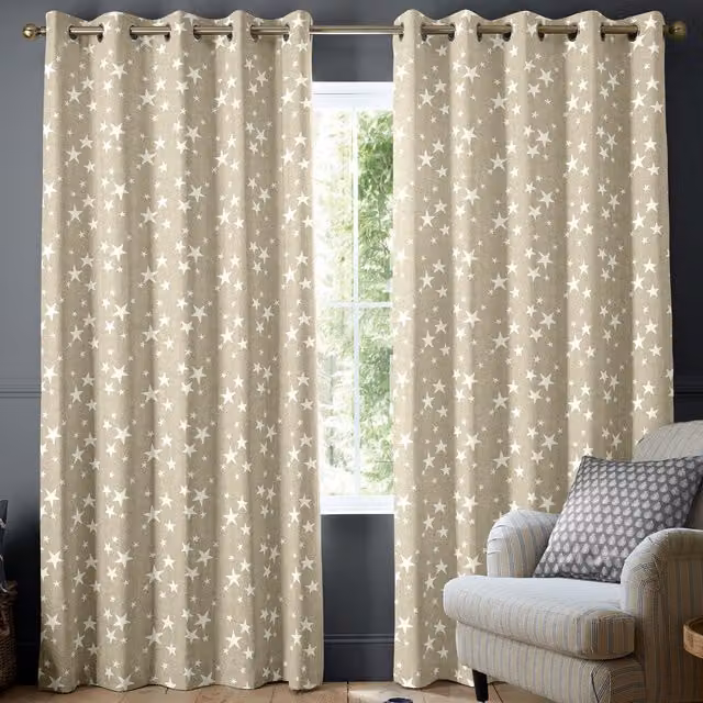 Emily Bond St Maws Made to Measure Beige Linen and Cotton Blackout Fabric Panel Curtain with Eyelets and Star Pattern