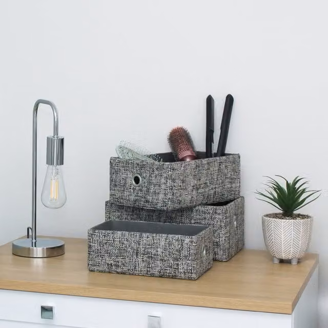 JVL Urban Rectangle Paper Storage Baskets, Set of 3, Grey Fabric