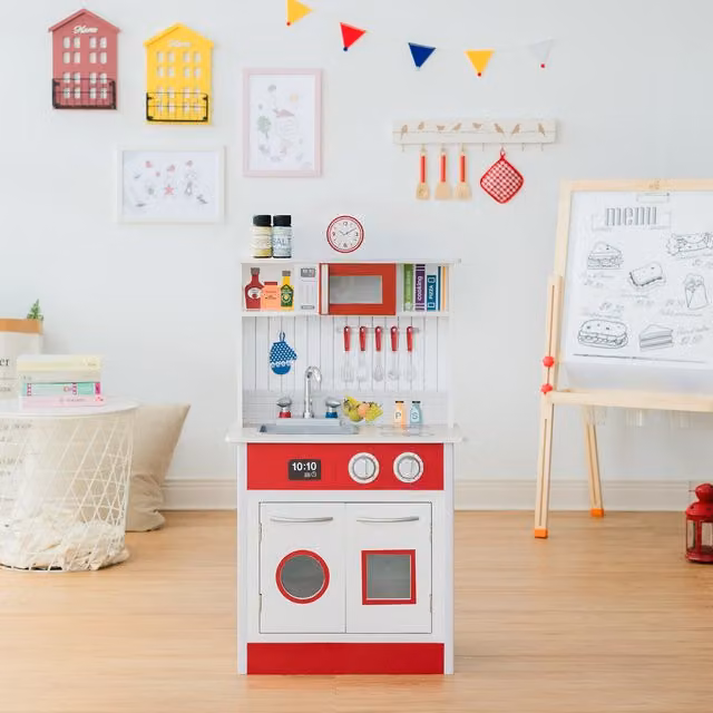 Teamson Kids Wooden Play Kitchen in White, Red and Grey