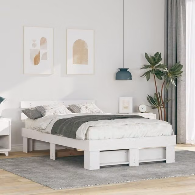 Berkfield Home White Solid Pine Wood Bed with Headboard W/D/H: 140 x 190 cm