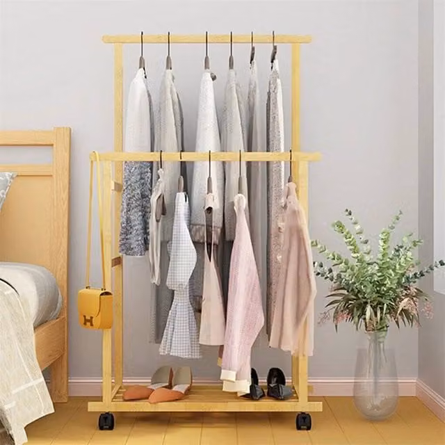 Kelvenix Rolling Bamboo Clothes Rail in Beige, H 160 cm x W 80 cm – 1