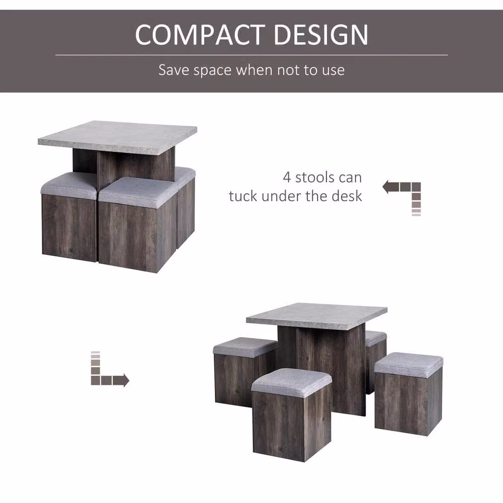 NESTLUNE Grey Dining Table and 4 Ottoman Set for Kitchen and Dining Rooms – 3