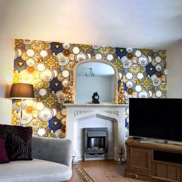Versace Abstract Decorative Plates Wallpaper in Multicolour and Yellow