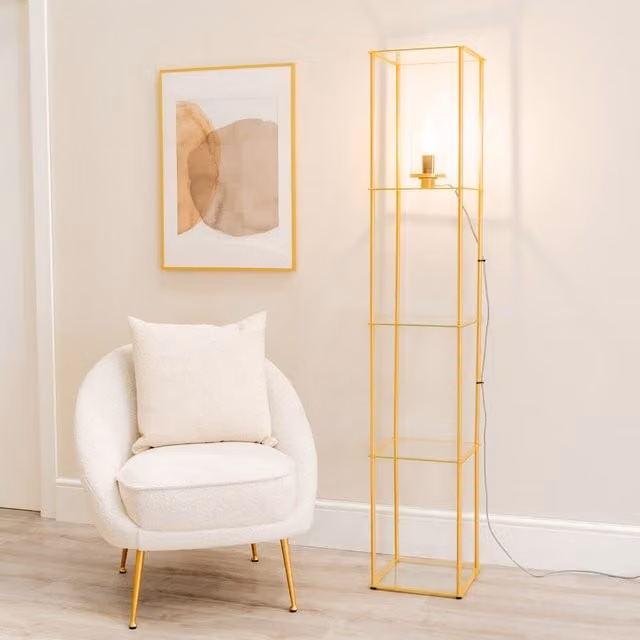 ValueLights Gobie Gold and Brass Glass Storage Shelf Floor Lamp