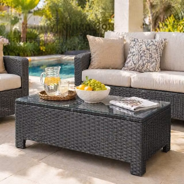 STILVORA Modern Outdoor Table with Black Tempered Glass Top and Metal Rattan Frame – 1