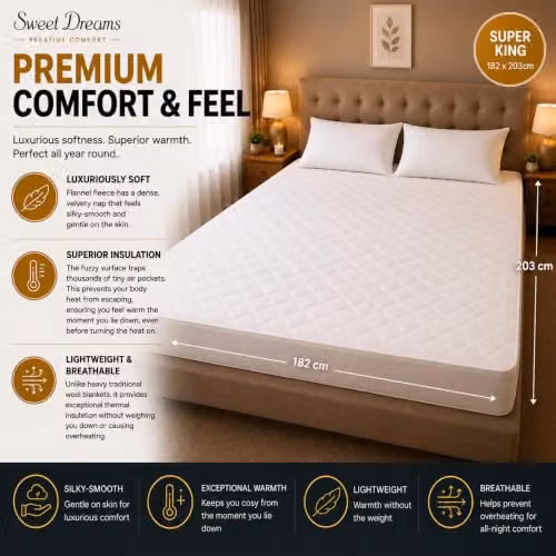 Sweet Dreams Prestige Plush Fleece Heated Mattress Cover, White, W/D/H: 203 x 182 x 40 cm – 2