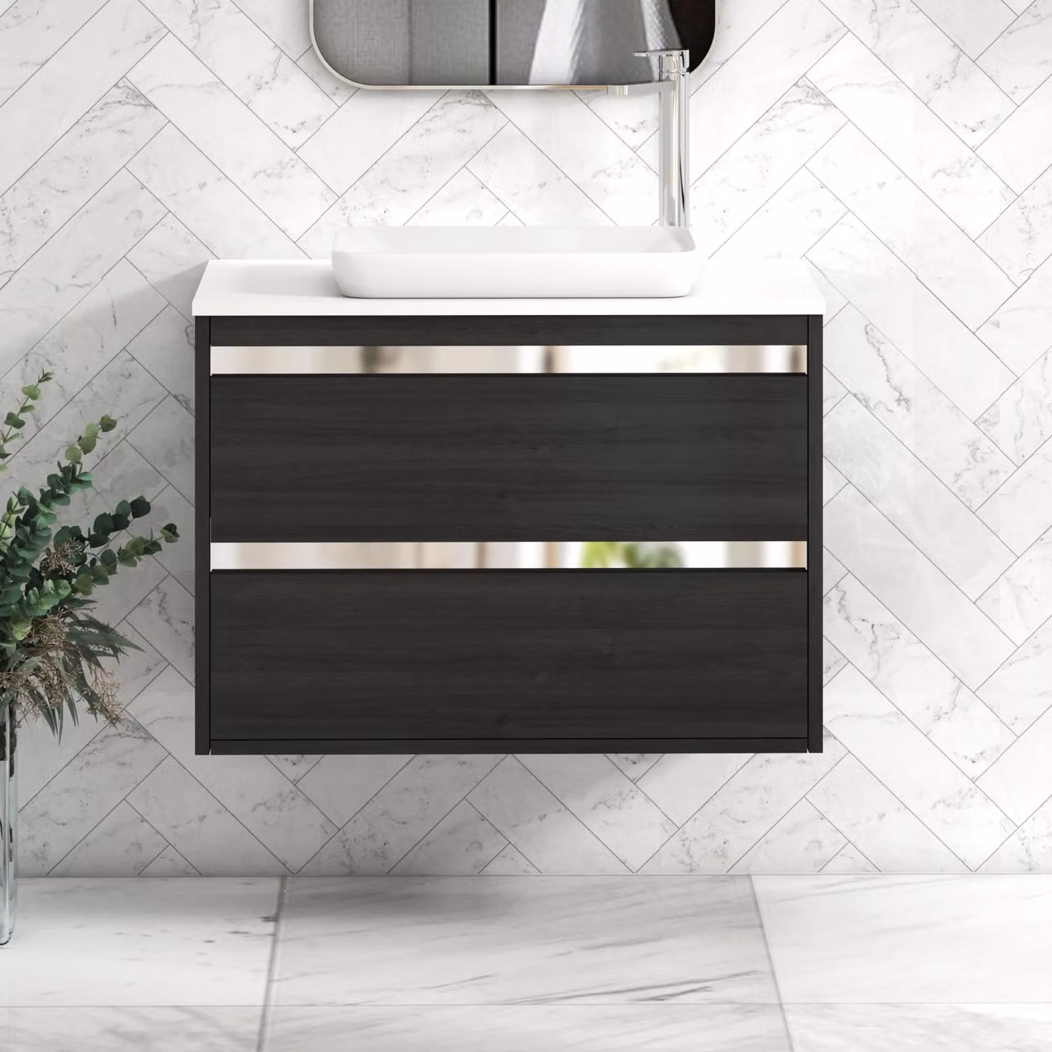 Royal Bathrooms Orion 800mm Hale Wall Hung Vanity Unit with Qubix Basin, Black and White, 2 Drawers with Chrome Accent Trim
