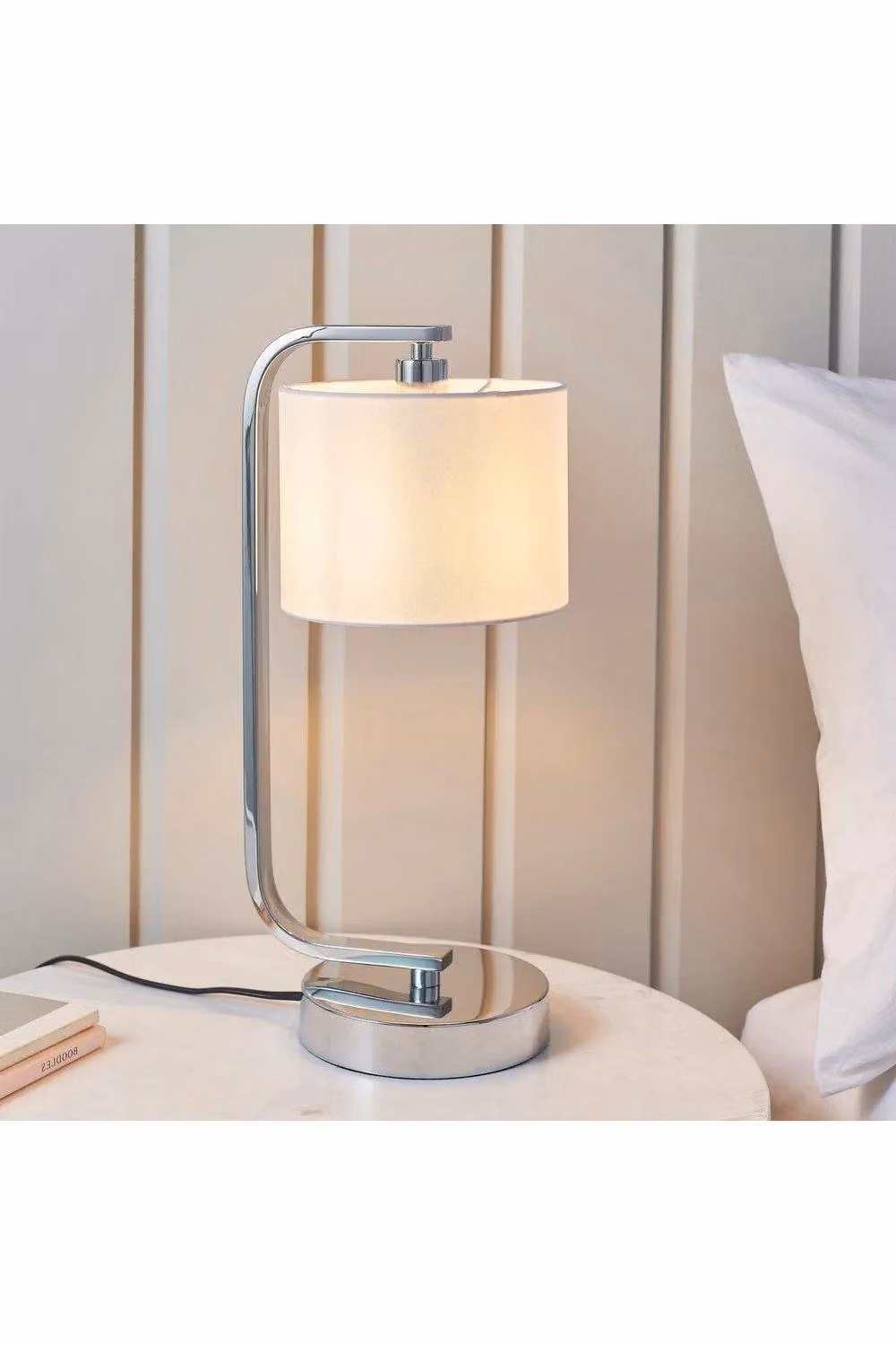 Netlighting Canning Dimmable Table Lamp with Grey White Silk Effect Fabric Shade and Chrome Base, E14 – 2