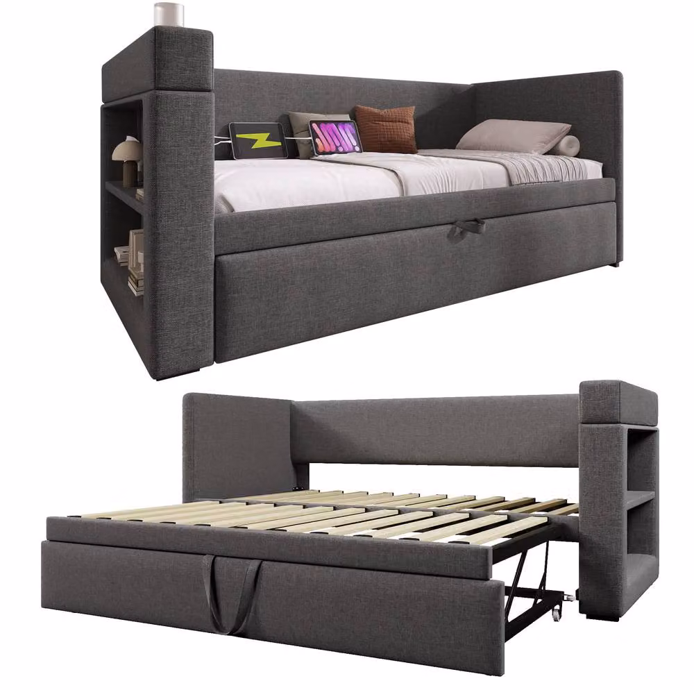 STILVORA Modern Upholstered Daybed in Grey with USB Charging Port and Side Compartments, W/D/H: 190 x 90 x 105 cm – 6