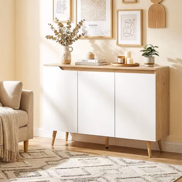 HOMCOM Modern Sideboard Storage Cabinet with 5 Rubberwood Legs in Oak and White