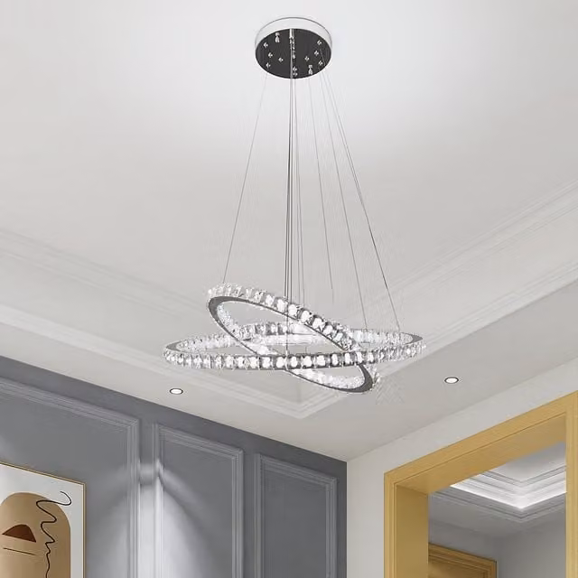 Komore Multi-Ring Adjustable Crystal LED Chandelier in White and Chrome